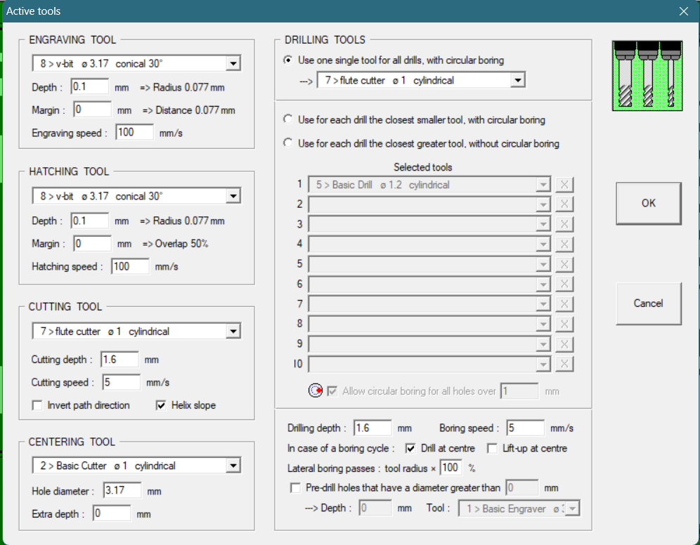 CopperCAM tool settings